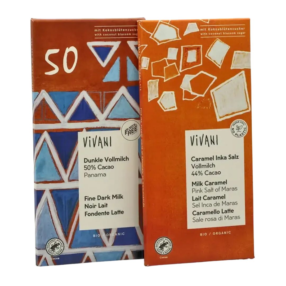 2er Pack Dunkle 50% Vollmilchschokolade & Vollmilch mit Karamell+Inkasalz